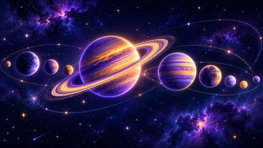 Planets and moons align in a row across a deep starry sky with a ringed gas giant, a banded planet, several moons and glowing arcs of orbit lines.