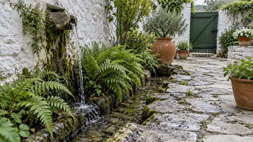 A shallow planted channel of dark soil and green ferns runs along the foot of a whitewashed courtyard wall with a thin thread of clear water trickling along its stone-lined floor from a spout above, wet stones glistening in soft morning light.
