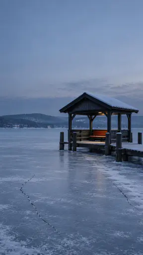 A timber ferry shelter with a warm orange bench stands on a frozen lake under a pale blue dusk sky, two cracks crossing the ice.