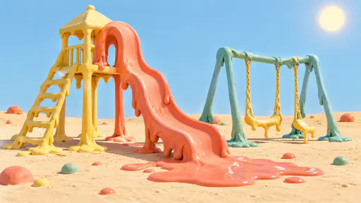 A polymer clay playground slide curls over like a drooping ribbon into a coral puddle beside a swing set whose seats and chains sag into long drips on pale sand.