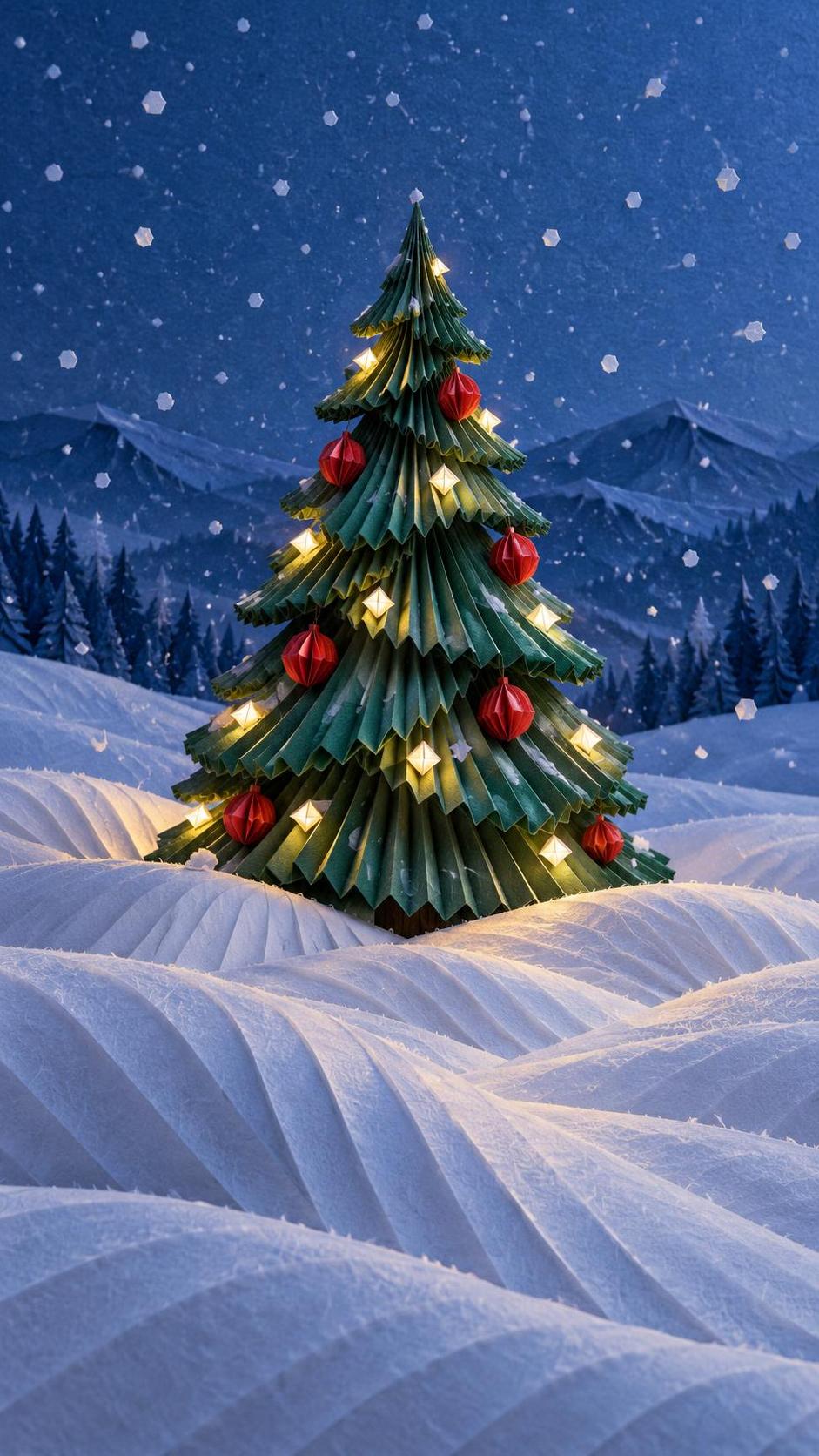 A small Christmas tree stands alone in deep fresh snow with sparse warm lights and a few red ornaments on its branches in soft snowfall and quiet blue twilight.