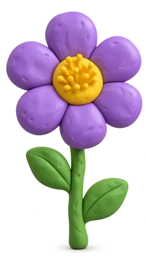 A single large purple flower with a yellow centre modelled in plump pillowy clay with fingertip dents on a stem with two rounded leaves, isolated on a transparent background.