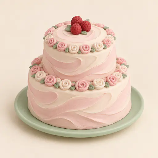 A plump round two tier cake in pastel pink and cream clay has swirled frosting, tiny rosettes and three berries on top and stands on a mint plate in a soft clay render.