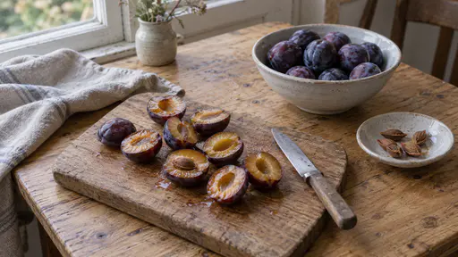 Several violet plums are cut in half and stoned on a wooden board on a pine table showing amber flesh beside a small knife, a bowl of whole plums and a saucer of stones in warm light.