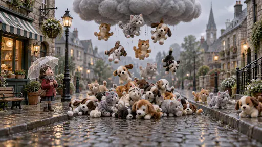 Raining cats and dogs: a wide eye-level surreal miniature set where one low grey cloud showers small plush cats and plush dogs onto a cobbled street in a growing pile, a tiny pedestrian standing beneath a transparent umbrella in soft rainy daylight.
