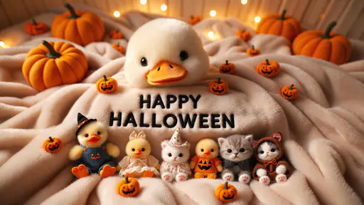 Cream plush blanket embroidered HAPPY HALLOWEEN beneath a large white duck head, with six small costumed duck and kitten plush toys, orange pumpkins and softly glowing fairy lights.