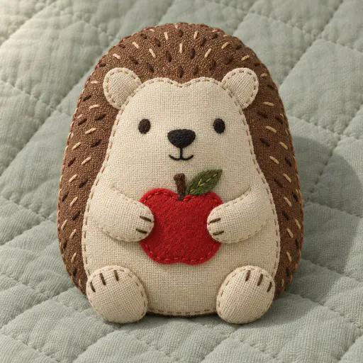A flat-gusset plush hedgehog with a brown stitched-spine back, cream face and belly, black stitched nose, holding a felt red apple on a grey-green quilted blanket.