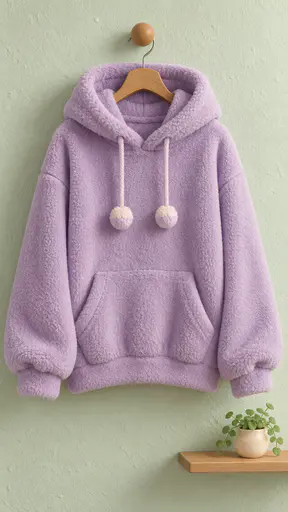 A plump lilac hoodie with a fuzzy hood hangs on a small wooden hanger from a round wall peg in a pastel mint room with a tiny plant on a shelf in a soft clay and plush render.
