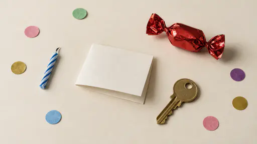 A flat-lay on cream paper of a few pieces of coloured confetti, a short striped birthday candle stub, a blank folded paper note, one sweet wrapped in red foil and a single brass door key with empty space around them.