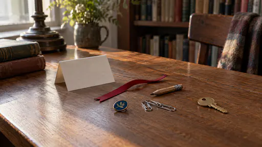 A blank folded paper note, a short red ribbon bookmark, a pencil stub, a chain of three paperclips, a small blue enamel pin and a single brass door key lie loosely on a library reading table in soft window light.