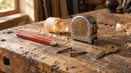 A flat carpenter pencil, two brass screws, a small rolled steel tape measure, a curl of pale wood shaving and a single brass door key lie loosely on a scarred workshop bench with sawdust beside them in warm side light.