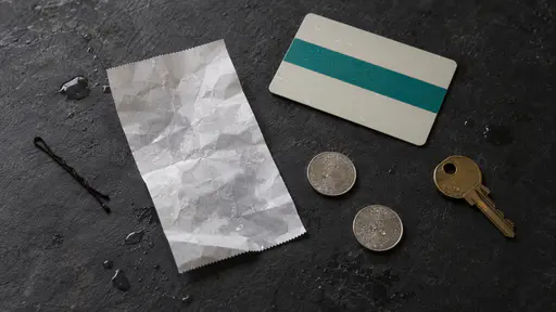 A flat-lay on dark slate of a damp creased blank white paper receipt, a plain card pass with a single teal colour band, a hairpin, two silver coins and a brass door key with a few water droplets scattered around them.