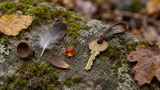 An acorn cap, a small grey feather, a pine cone scale, a single bright orange glass bead and a brass door key on a short leather loop lie loosely on a flat mossy stone with a few fallen leaves in soft overcast light.