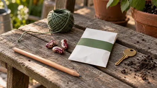 Three red-and-white runner bean seeds, a small ball of green twine, a pencil, a blank folded seed envelope with a plain green band and a brass door key rest on a weathered wooden garden bench with a few crumbs of soil in soft side daylight.
