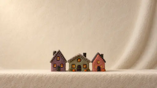 Three miniature needle-felt Halloween houses — tall dusty violet, wide sage and small faded coral — standing in a row on a bone-white felt mantel strip, with a plain warm cream fabric backdrop filling the upper frame. A cozy handmade banner background for Halloween craft and decor themes.