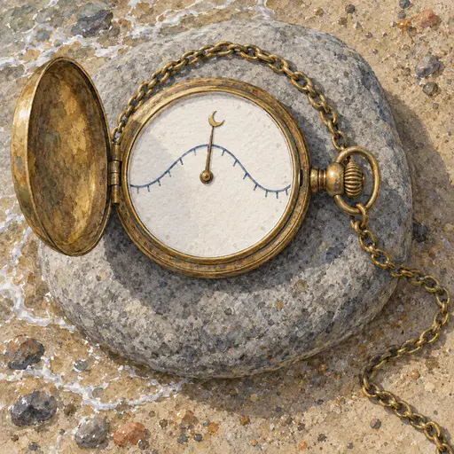 Open brass pocket watch on a grey beach stone at the edge of the sand, a blue wave curve and a crescent moon hand on its dial, the chain trailing across the sand.