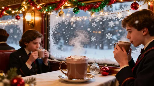 Polar Express cabin with a cozy Christmas interior: garlands, passengers sipping hot chocolate, snowy window reflection; warm 50mm DSLR realism with shallow DOF, framed and cropped to 16:9, tones #FFD27A #B22222 #0B6E4F #6B3E26 #89C4FF.
