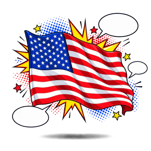 Pop art flag in halftone dots with a blue canton of star pops and hot red stripes. Thirteen stripes and a neat canton hit the wall.