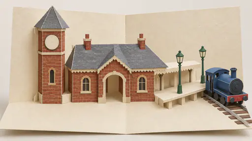 An open pop-up card with a brick station, a folded clock tower with a blank face, a long platform with two lamp posts, paper rails and a blue engine on a plain cream card.