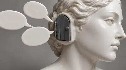 Turning a deaf ear: a smooth porcelain bust in close side view turns one ear away while a tiny solid shutter closes over that ear, stopping three blank speech-bubble shapes arriving from the side.