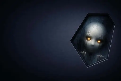 Minimal dark 3:2 desktop wallpaper showing a rounded hexagon cutout with frosted glass revealing a cracked porcelain mask and tiny glowing amber eyes behind condensation and smudges.