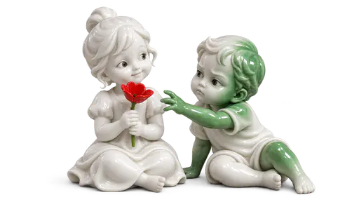 Green with envy: two porcelain figures seated side by side, one holding a red flower while the other turns green on the side facing it, eyes and reaching hand fixed on the flower, isolated on transparency with a soft contact shadow.
