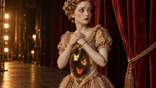 Butterflies in your stomach: a waist-up three-quarter sculptural character photograph of a smooth glazed porcelain performer beside a heavy stage curtain, its face tense and hands clasped at the chest, an oval glass window set into its torso revealing three separate butterflies fluttering inside…