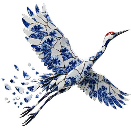 A crane in mid-flight reassembled from broken blue-and-white porcelain shards with indigo wave-pattern glaze, trailing loose fragments into transparency on a transparent background.