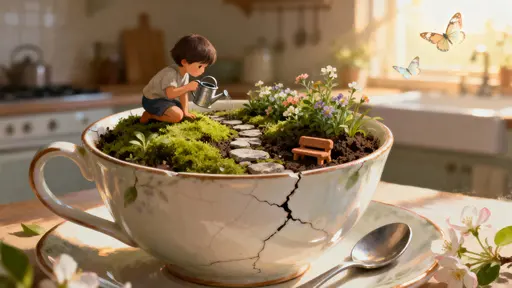 A porcelain teacup sits cracked open on a low surface, holding a full miniature garden tended by a small child with a watering can as butterflies drift, rendered with gentle, intimate light and a cinematic 16:9 crop.