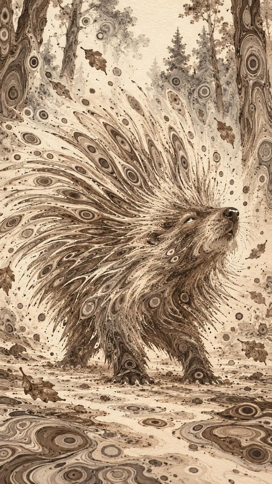 A wild porcupine shakes itself on a forest trail with long quills fanning out in a bristling halo and dust and leaves flying in soft woodland light.