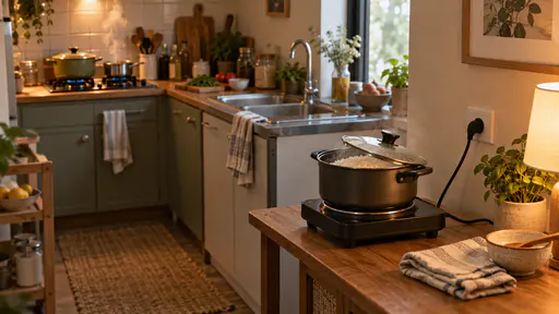 In warm lamp light a portable single-ring countertop burner on a small side table beside a small kitchen carries a second pan of rice with its lid slightly ajar while the hob behind it stays busy with a stew pot and a cable trails to a wall socket.