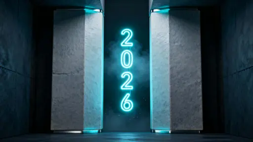 Clean, symmetrical digital render of two vertical beams creating a doorway with a soft, neon '2026' glowing in the gap, futuristic and minimal.