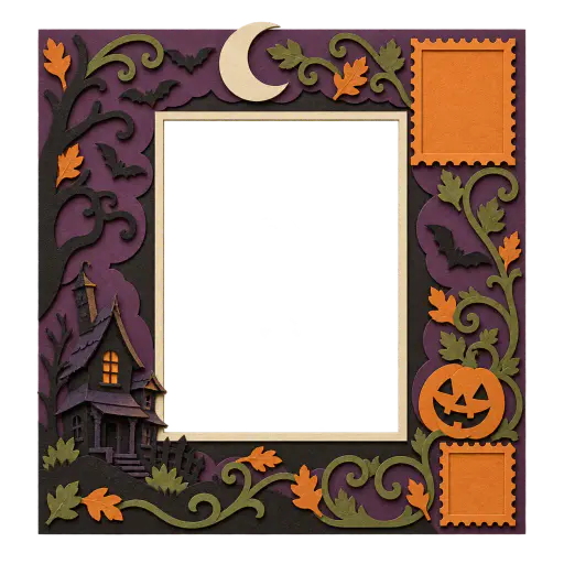Layered paper-cut postcard frame for vintage halloween postcard framing: a wide ornate border in plum, orange and cream cut paper with a tiny cheerful haunted house, two blank perforated stamps and a crescent moon, around one large fully transparent portrait window.