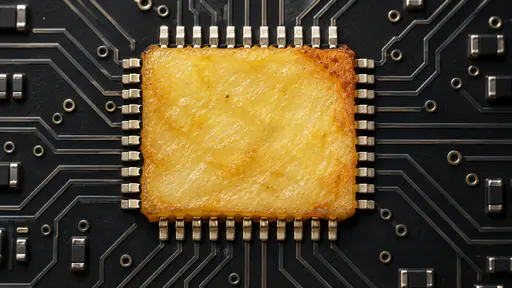 Potato chips: A golden potato slice serving as a computer microchip with metal contact pins, mounted on a dark circuit board.
