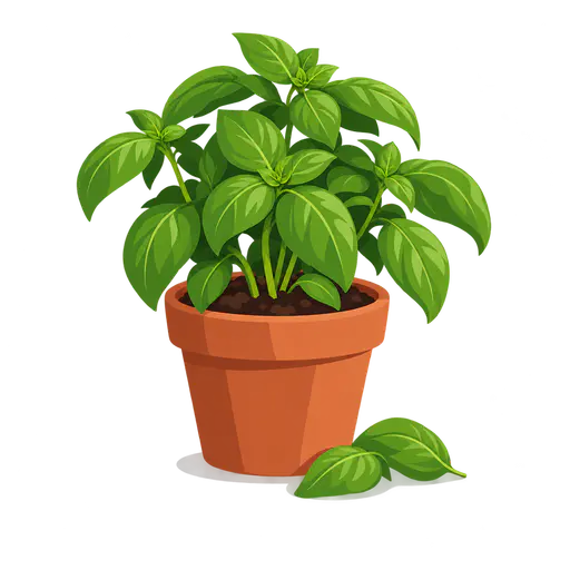 A small terracotta pot of green basil with full leaves and two freshly picked basil leaves laid beside it, on a transparent background.