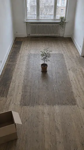High view down an empty living room with grey-brown oak floorboards, a darker rectangle where a sofa stood with a potted sapling in its centre, and an open moving box.