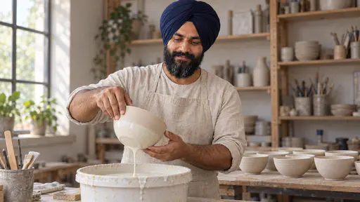 A sturdy bearded man in a plain navy turban and oatmeal linen apron holds a plain bowl by its rim over a wide tub of creamy white glaze with his other hand under its base, a row of plain bisque bowls waiting on a board behind him in soft window light.
