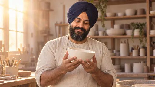 A sturdy bearded man in a plain navy turban and oatmeal linen apron holds up a finished plain white bowl in both hands in front of his chest, turning it to catch the light and smiling, strong low sun laying a golden veil across the scene.