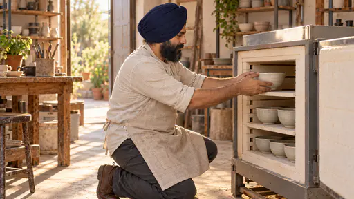 A sturdy bearded man in a plain navy turban and oatmeal linen apron kneels beside the open door of a small electric kiln sliding one glazed bowl onto the top shelf with both hands, other bowls stacked below in a neat row in warm late-afternoon sun.