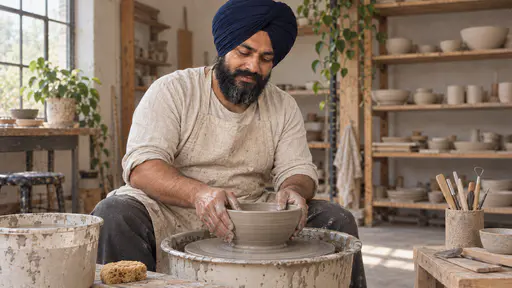 A sturdy bearded man in a plain navy turban and oatmeal linen apron sits at a pottery wheel shaping a plain open bowl of wet grey clay with his thumbs inside the rim and his fingers outside, a bucket of water and a sponge beside him.