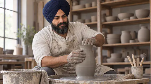 A broad man with a full black beard and a navy turban, in a rolled-sleeve oatmeal linen shirt and a clay-splashed apron, shapes the wet grey walls of a tall vase on a potter's wheel, shelves of plain unglazed bowls and jars, a clay bucket and a pot of wooden tools around him.