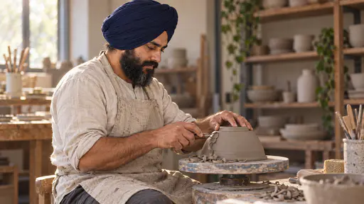 A sturdy bearded man in a plain navy turban and oatmeal linen apron holds a leather-hard grey bowl upside down on a turntable and trims its foot with a simple looped steel tool in one hand, curls of clay falling away and his other hand steadying the bowl.