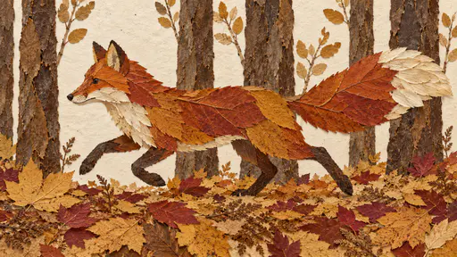 A fox assembled from rust, orange and gold pressed leaves with a pale petal tail, bark-brown leaf-strip trunks behind, fallen yellow and red leaves below, cream paper.