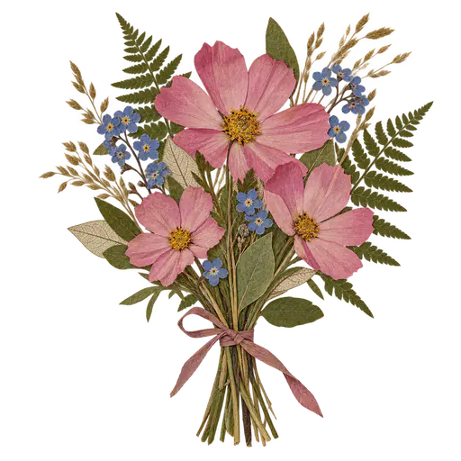 A small upright bouquet of flattened pink cosmos, blue forget-me-nots, ferns and grasses tied with a thin ribbon, on a transparent background.