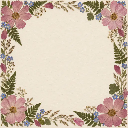A square cream handmade paper card with pressed pink cosmos, blue forget-me-nots, ferns and grasses along all four edges, overlapping at the corners, and a large blank centre.