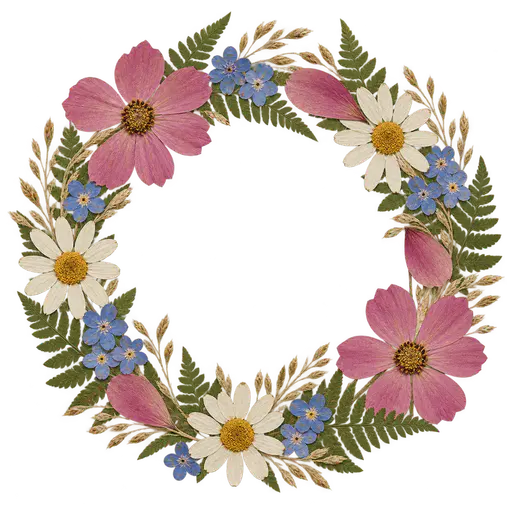 A round wreath ring of flattened pink cosmos, blue forget-me-nots, daisies, ferns and fine grasses with a wide open transparent centre.