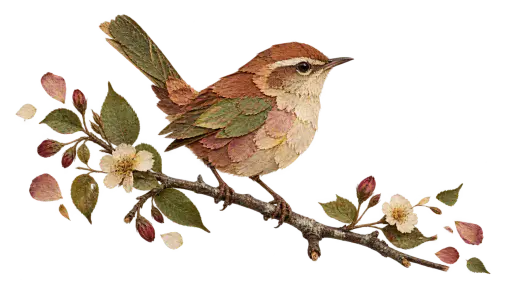A pressed-flower collage slice of a small wren perched on a real pressed twig, built from rust and ochre petals, its edge scattering loose petals on transparency.