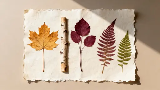 Top-down still-life of pressed maple, birch, and fern on fibrous off-white paper with deckled edges, arranged airy for print clarity, with warm tones #D9B35A, #7C2B3A, #6B8A4C, #F6F2EA, #C8B79A.