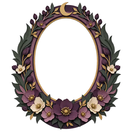 Layered paper-cut oval Halloween photo frame in plum, mauve and charcoal green, ringed by pressed night flowers in bloom and bud with two large leaves sweeping up opposite sides; the broad oval centre is fully transparent so a photo can show through.