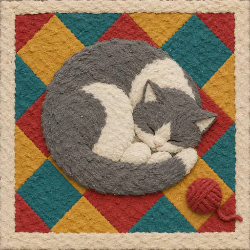 A grey and white cat curled asleep on a pulp rug of red, mustard and teal diamonds with a cream border, a ball of pulp wool at the lower right.